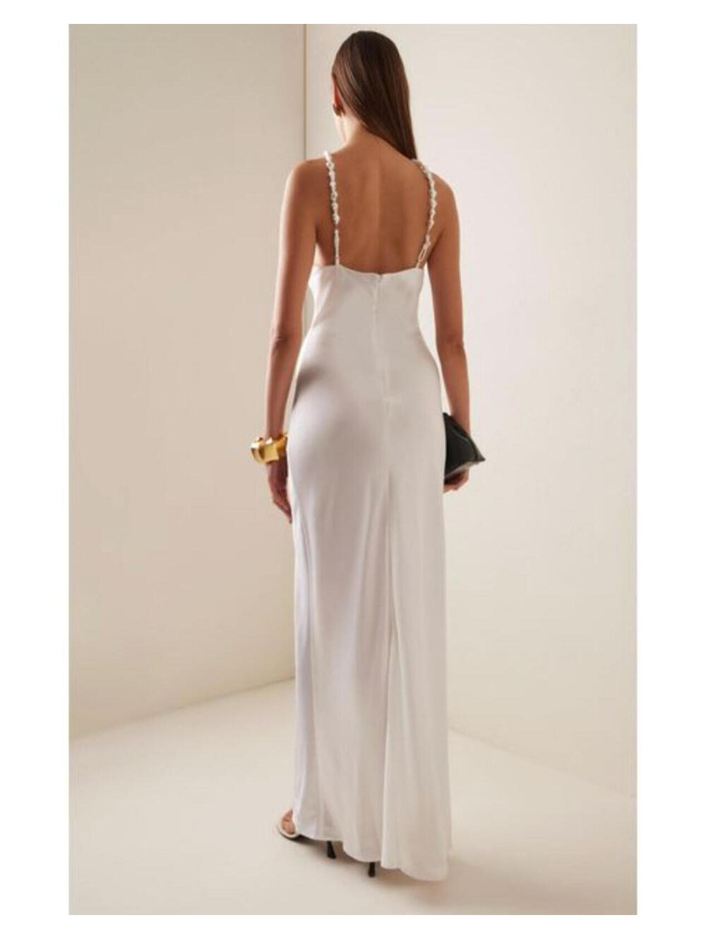 NWT STAUD Cadence White Satin Beaded Bridal Wedding Slip Maxi Dress Pearl 8/M - Picture 4 of 14